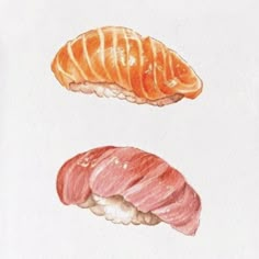 three different types of sushi are shown in this watercolor drawing, each with their own unique shape