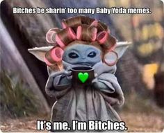 the baby yoda meme is holding a cup in her hands and has pink hair