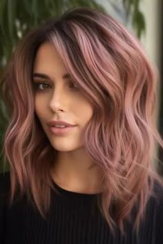 Dark Brown With Rose Gold Balayage, Hair Color Ideas For Brunettes Rose Gold, Rose Gold On Brunette Hair, Rose Gold Hair With Dark Roots, Pink Hair Over Brown, Chocolate Rose Gold Hair Balayage, Subtle Pink Balayage, Dark Hair With Rose Gold Highlights, Hair Color With Pink Highlights