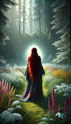 a woman with long red hair standing in the middle of a forest surrounded by flowers