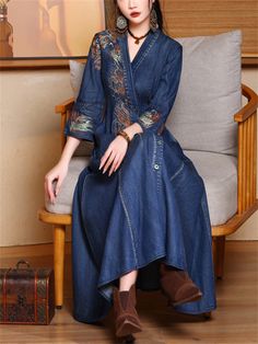 Description Product ID: DS2051227 Material: Denim Pattern: Embroidery Sleeve Length: 3/4 Sleeve Closure Type: Button Length: Below Knee Length Style: Fashion, Casual, Vintage Occasion: Party, Dating, Travel Package included 1 * Dress Size Chart (Asian Size): Please allow 1-3 cm measured error. Size Length Chest Sleeve Length Waist M 120cm | 47.2 in 92cm | 36.2 in 42.5cm | 16.7 in 76cm | 29.9 in L 120cm | 47.2 in 96cm | 37.8 in 43cm | 16.9 in 80cm | 31.5 in XL 120cm | 47.2 in 100cm | 39.4 in 43.5cm | 17.1 in 84cm | 33.1 in XXL 120cm | 47.2 in 104cm | 40.9 in 44cm | 17.3 in 88cm | 34.6 in 3XL 120cm | 47.2 in 108cm | 42.5 in 44.5cm | 17.5 in 92cm | 36.2 in Denim Pattern, Elegant Embroidery, Denim Patterns, Pattern Embroidery, Dress Size Chart, 16 9, Denim Dress, Fashion Casual, Blue Dresses