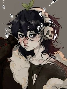 a woman with headphones on her ears and skull in her hair, wearing a black shirt