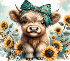 a painting of a baby cow with sunflowers and leopard spots on it's head