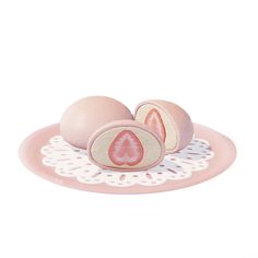 two eggs on a pink plate with white doily