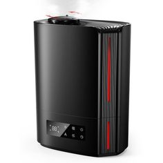 a black and red air purificater on a white background