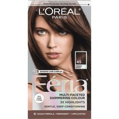 L'Oreal Paris Feria Permanent Hair Color, 45 French Roast Deep Bronzed Brown, Inspired by fashion, Feria offers a twist on the traditional and gives edgy hair colors from bright red, platinum blonde, rose gold, and metallic brown, to blue-black hair color, these hair dye kits will transform your hair. Feria's prismatic color spectrum is custom-blended by L'Oreal Paris master colorists for bold, head-turning shades - no appointment necessary. Packaging may vary, what you receive may not be what is reflected on site. Size: 2.70" x 3.60" x 6.60". Chocolate Hair Dye, Loreal Paris Hair Color, Loreal Paris Feria, Feria Hair Color, Deep Black Hair, Silver Hair Dye, Blue Black Hair Color, Loreal Hair Color, Edgy Hair Color