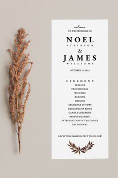 the wedding program is displayed next to a dried plant