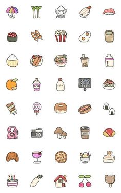 a bunch of food and drink icons on a white background, including donuts, hotdogs, cake, ice cream