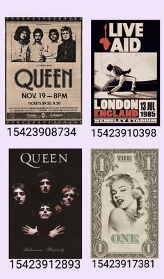 four different concert posters with the names and numbers on them, including one for queen