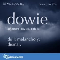 the words dowie are in white on a dark blue background with some clouds