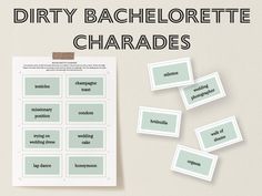 the words dirty bachelorate charadess are placed on top of a piece of paper