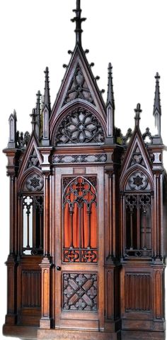 an old wooden church with ornate carvings and crosses on the front door is shown against a white background