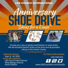 a flyer for a shoe drive with images of shoes and the words, life church international