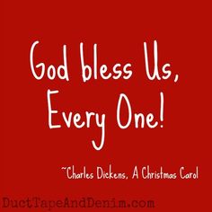 a red background with white lettering that says, god bless us, every one charles duckens