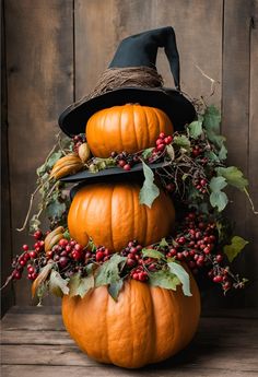 three pumpkins stacked on top of each other with leaves and berries all around them