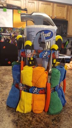 a stack of colorful towels sitting on top of a counter