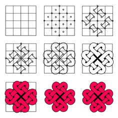 four different types of knots in the shape of hearts and cross stitchs on squares