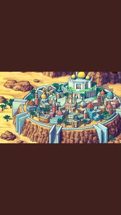 an old computer game with a large city on the top of it and mountains in the background