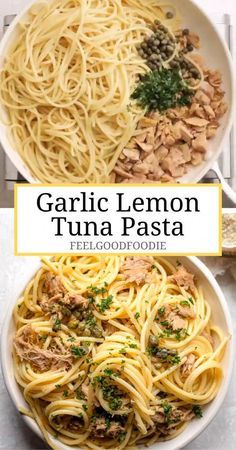 garlic lemon tuna pasta in a white bowl