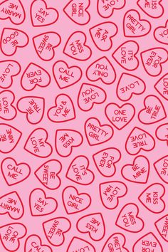 many hearts with words written on them in red and pink colors, all over a pink background