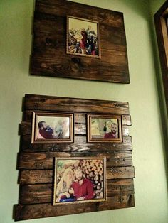 two pictures hanging on the wall next to each other with wood frames above them,