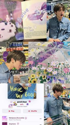 two young men shopping in a store with flowers and butterflies on the wall behind them