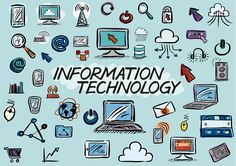 the word information technology surrounded by doodles of electronic devices and gadgets on a blue background