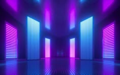 an empty room with purple and blue lights