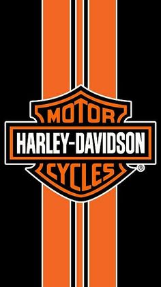 the harley davidson logo is shown on an orange and black striped background with white stripes