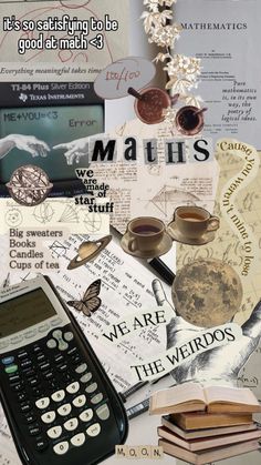 a collage of books, papers, and a calculator with the words maths on it