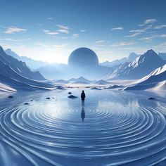 a person standing in the middle of a body of water with mountains and planets in the background