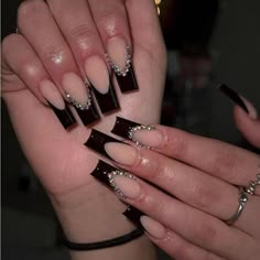 Super Cute And Stylish Ships In 5-10 Business Days Prom Nails Black Dress, Square Press On Nails, Nagel Tips, Coffin Press On Nails, Nail Tip, Black French, Fake Nail, Stick On Nails, Square Acrylic Nails