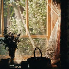 a window that has some flowers in it and a basket by the window sill