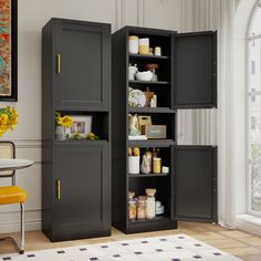 a room with two tall black cabinets and a yellow chair