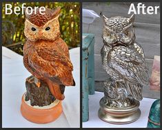 an owl statue before and after being painted