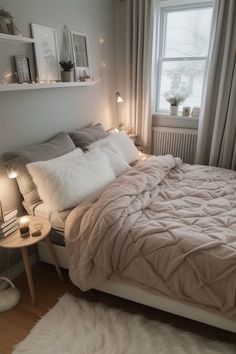 a bedroom with a large bed and white fur rugs on the floor next to a window