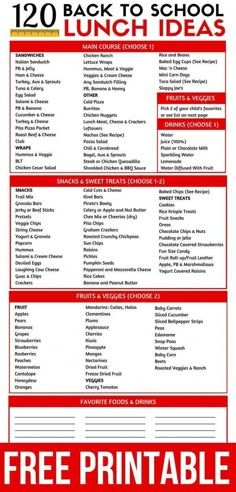 the back to school lunch menu is shown with red and white lettering, including an image of