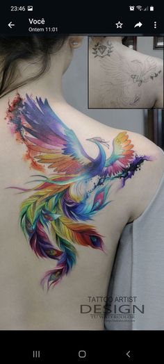 the back of a woman's shoulder with colorful tattoos on it and an image of a bird