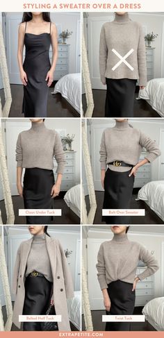 Sweater Tucking Tips & Tricks: How to Belt over a Dress Skirts Work Outfits Women, 2023 Designer Fashion, Outfit Alla Moda, Tv Interview Outfit, Elegant Minimalist Outfit, Tuck Sweater, Midi Skirt 2023, Tops With Skirts, Trendy Night Out Outfits