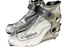 a pair of silver shoes with the word alpina on them