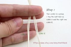 a hand is holding some white string with the words step 1 and 2 on it