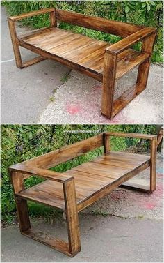 two pictures of a wooden bench made out of pallets and some sort of shelf