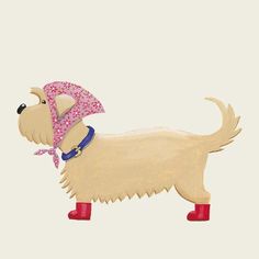 a painting of a dog with an umbrella on it's head and boots in its mouth