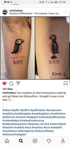 two small tattoos on the legs of people who are not in love with each other