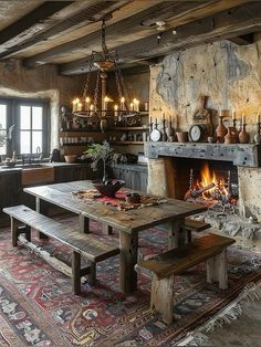 a rustic living room with an old fireplace and large rug in front of the fire place