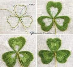 four leaf clovers made out of yarn are shown in three different pictures, one is green and the other is white