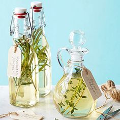 two glass bottles filled with green plants next to scissors and twine on a table