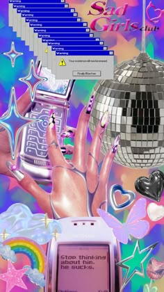 a collage of various images including a cell phone and disco ball