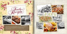 an open cookbook with pictures of food and words on it that read, family recipes