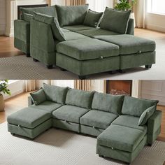 two pictures of a green sectional couch with pillows